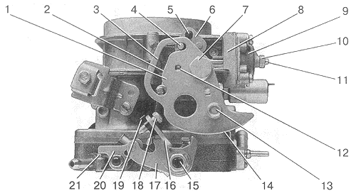 Рис 2 Вид на карбюратор со стороны кулачка пускового устройства